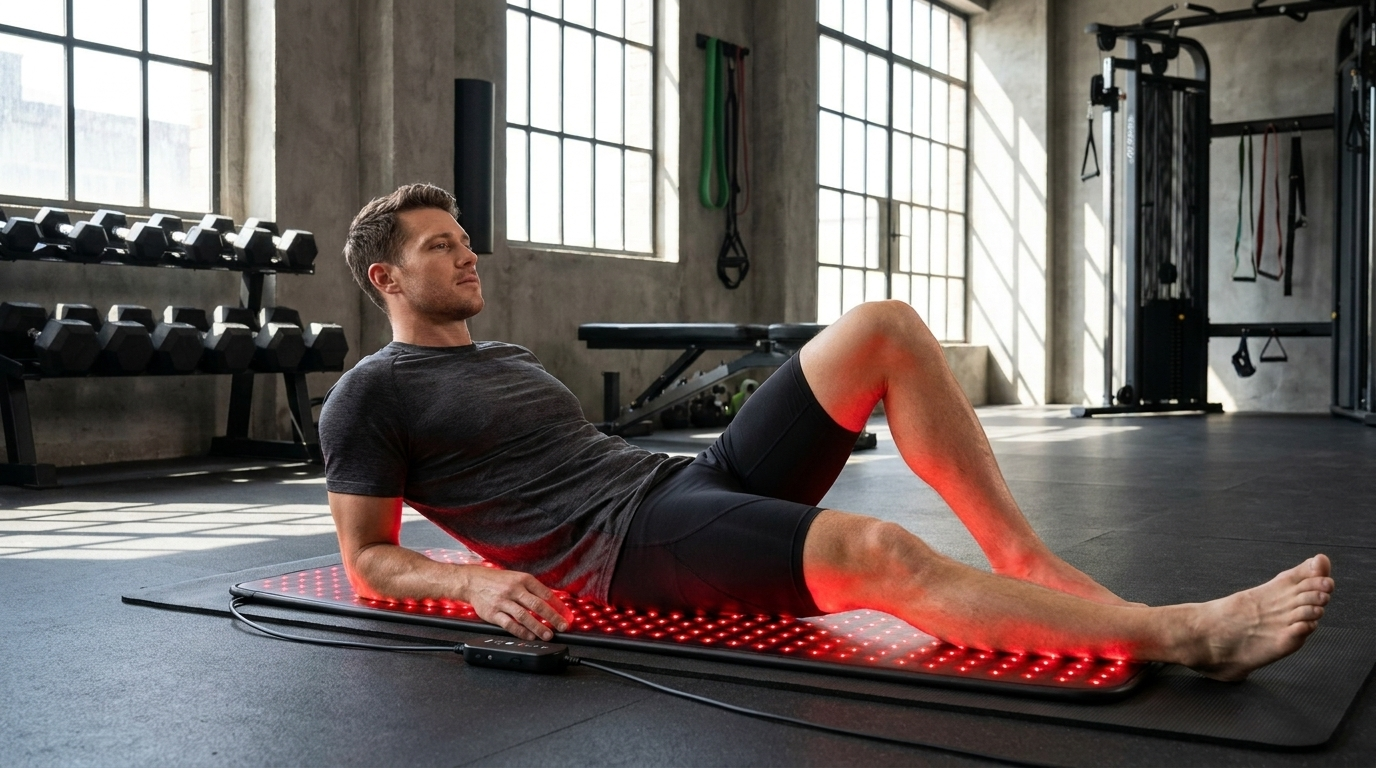 Man using the Veliora red light therapy pad on his lower back during a gym recovery session
