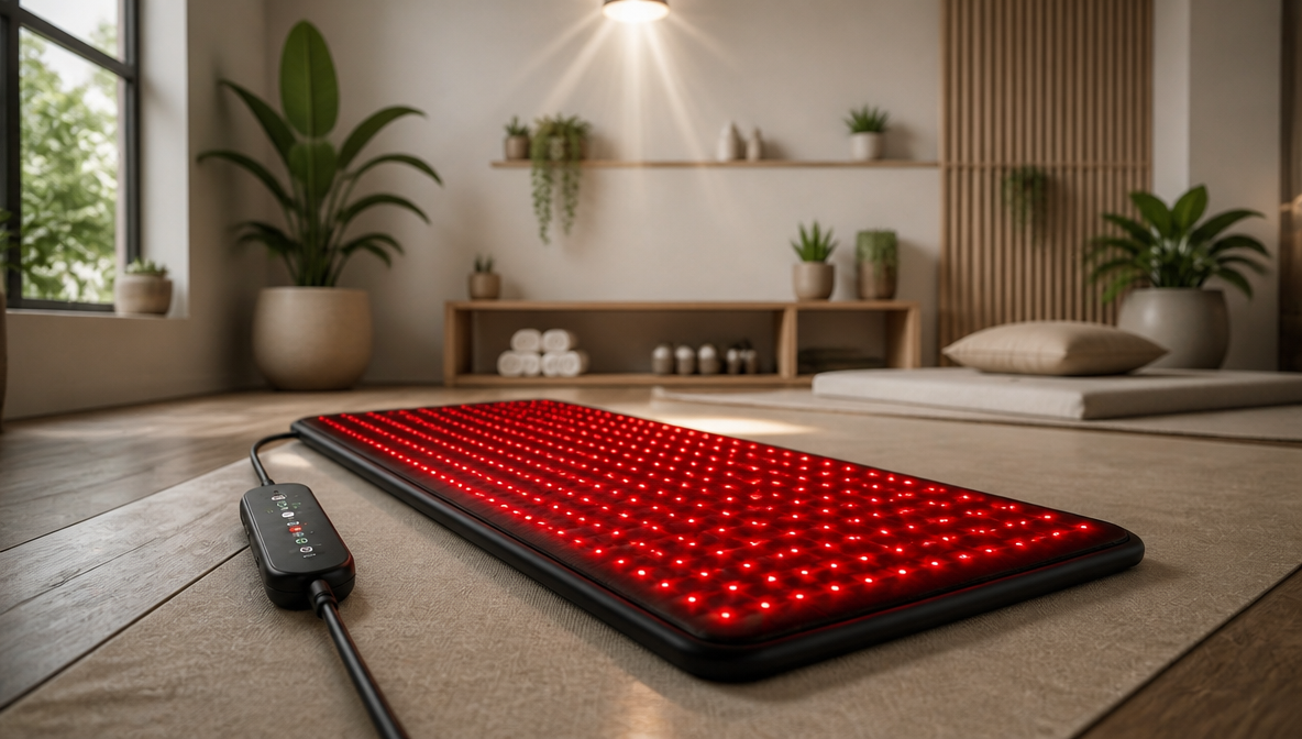 Veliora red light therapy pad glowing on a wood floor