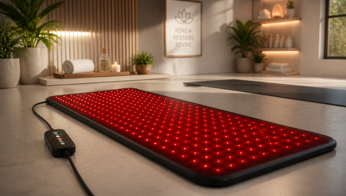 Veliora red light therapy pad glowing on a spa counter, RENEW RESTORE REVIVE wall art in the background
