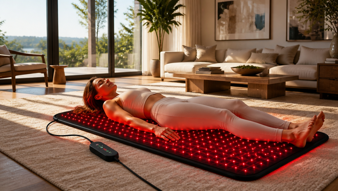 Woman relaxing on a rug at sunset with the Veliora red light therapy pad